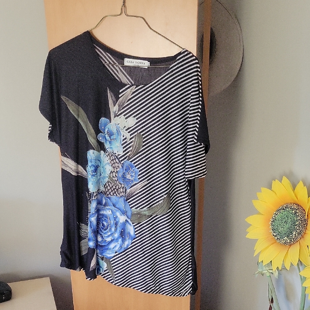 Blue and White Asymmetrical Short Sleeve Blouse
